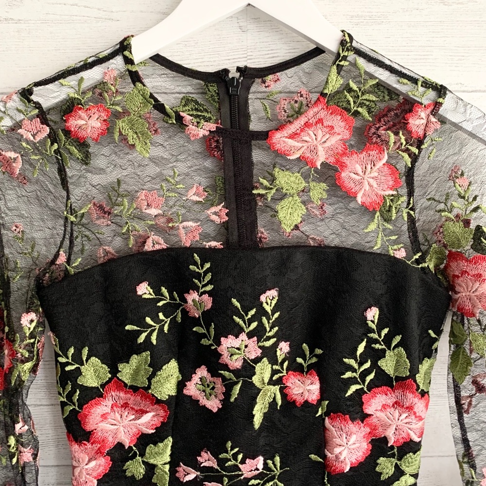 ASOS Black Mesh Floral Overlay Bodysuit Dress